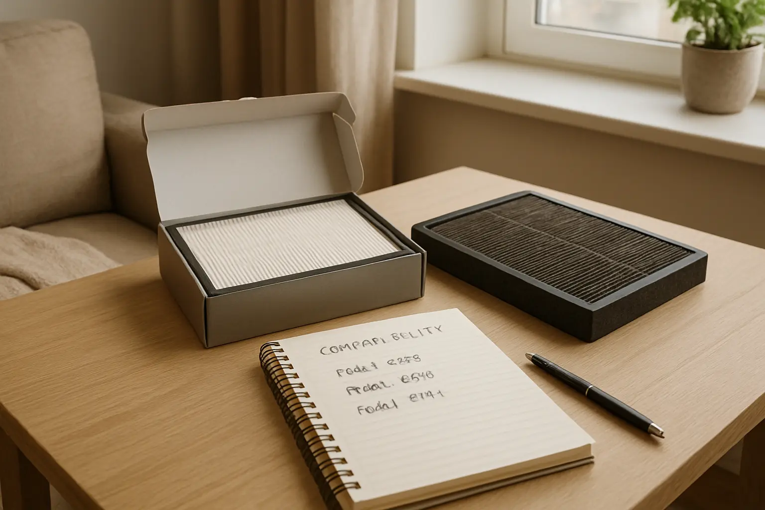 Una mesa de casa con un filtro de purificador usado, una caja de recambio abierta y una libreta con notas.