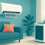 Interior de una vivienda con un split de aire acondicionado abierto y un purificador de aire junto a él, en una estancia ordenada.