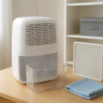 Un deshumidificador doméstico abierto junto a un filtro, un paño y una caja de almacenamiento en una habitación luminosa.