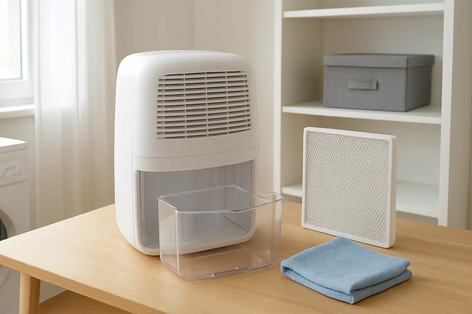 Un deshumidificador doméstico abierto junto a un filtro, un paño y una caja de almacenamiento en una habitación luminosa.