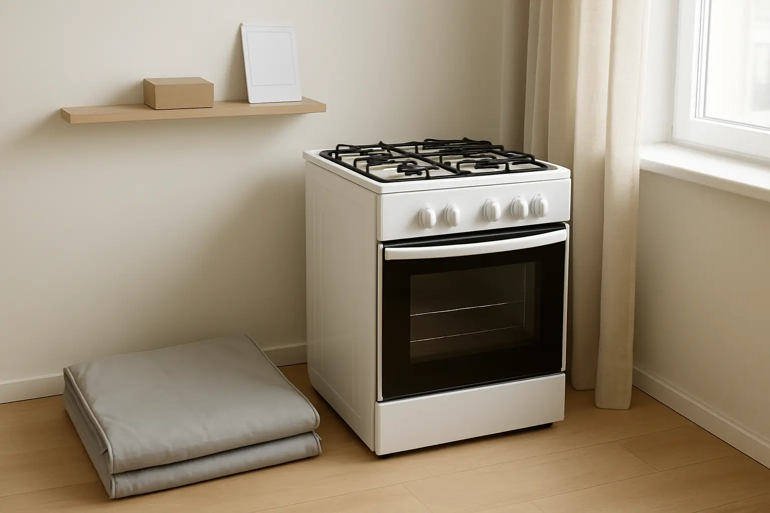 Una estufa de gas limpia y guardada junto a su manual y accesorios en una habitación ordenada