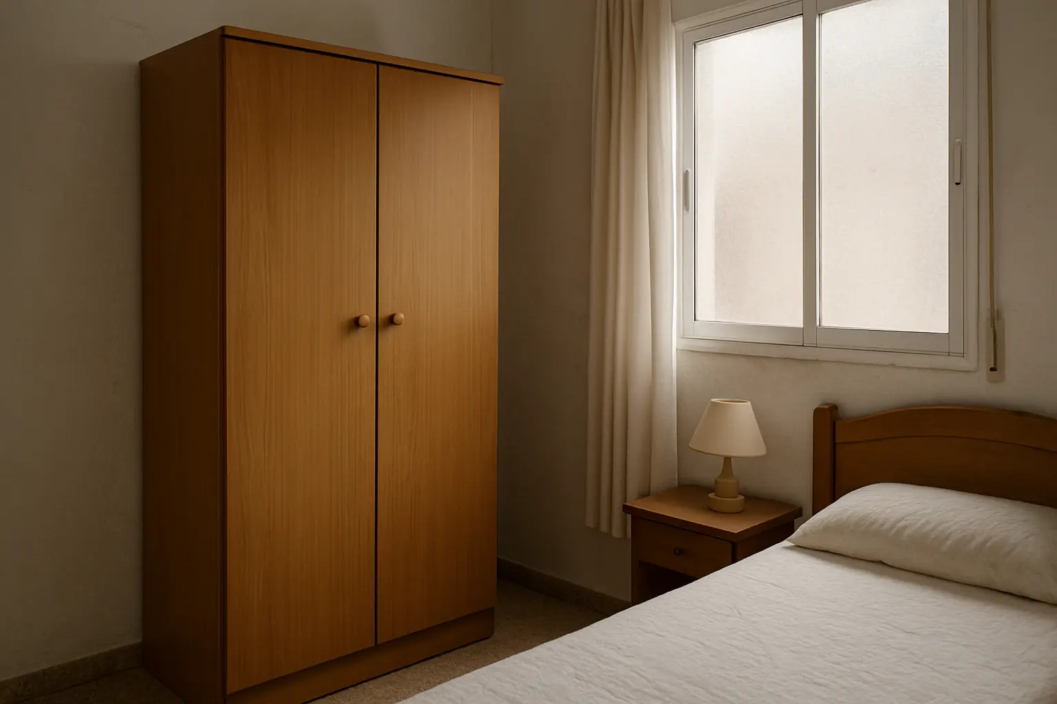 Dormitorio con un armario separado ligeramente de una pared exterior clara y una cama sencilla en primer plano.