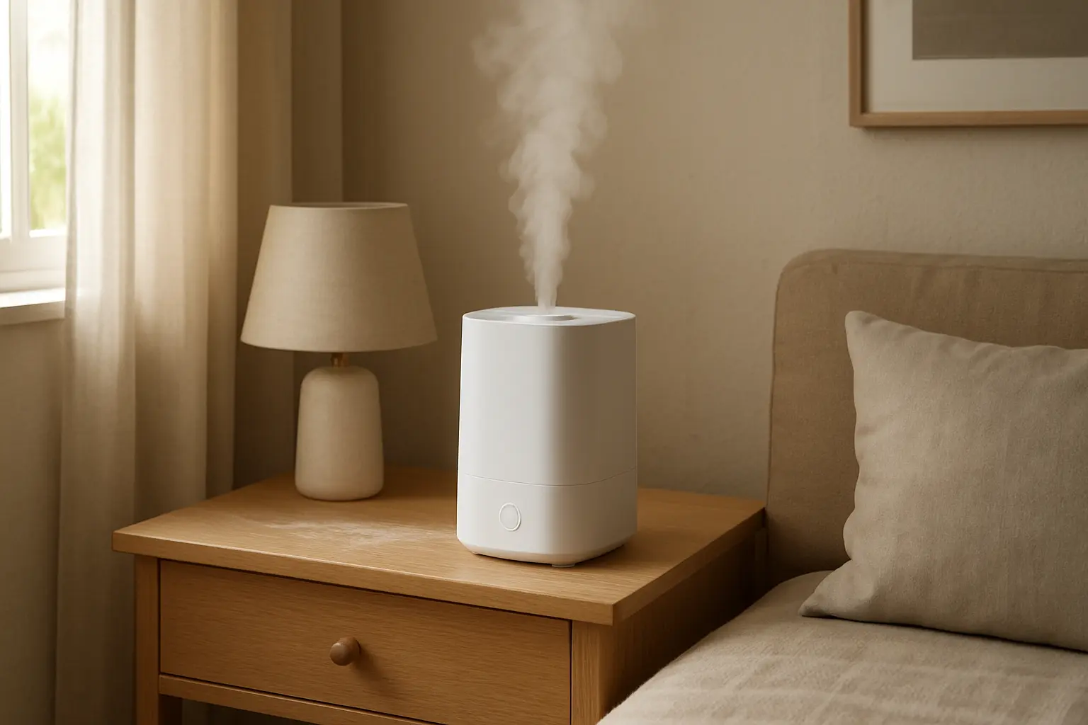 Un humidificador pequeño sobre una mesa junto a una ligera capa de polvo blanco en la superficie cercana