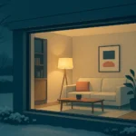 Interior de una vivienda iluminada y confortable visto desde el exterior al anochecer, con contraste entre el ambiente cálido de dentro y el frío de fuera.