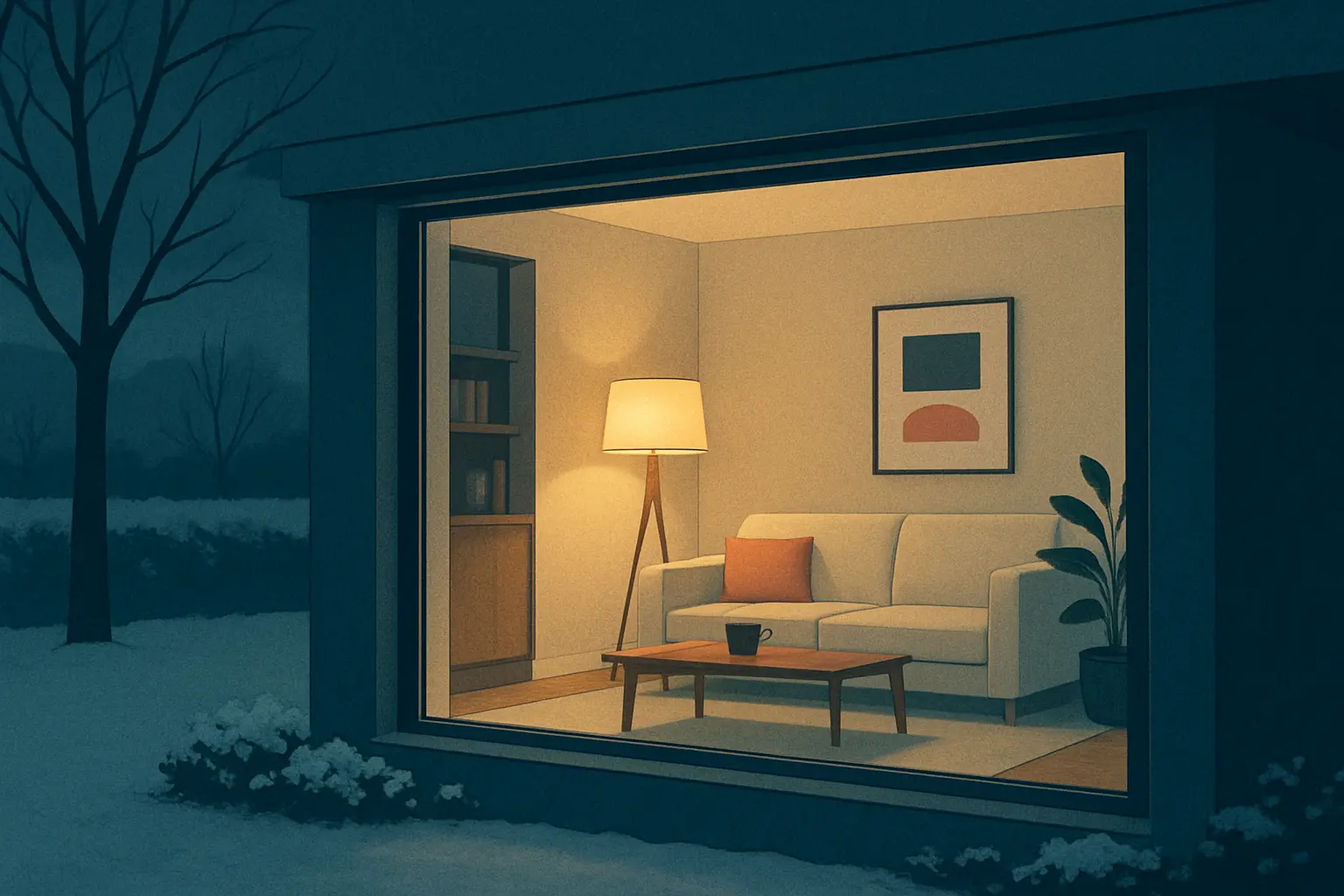 Interior de una vivienda iluminada y confortable visto desde el exterior al anochecer, con contraste entre el ambiente cálido de dentro y el frío de fuera.