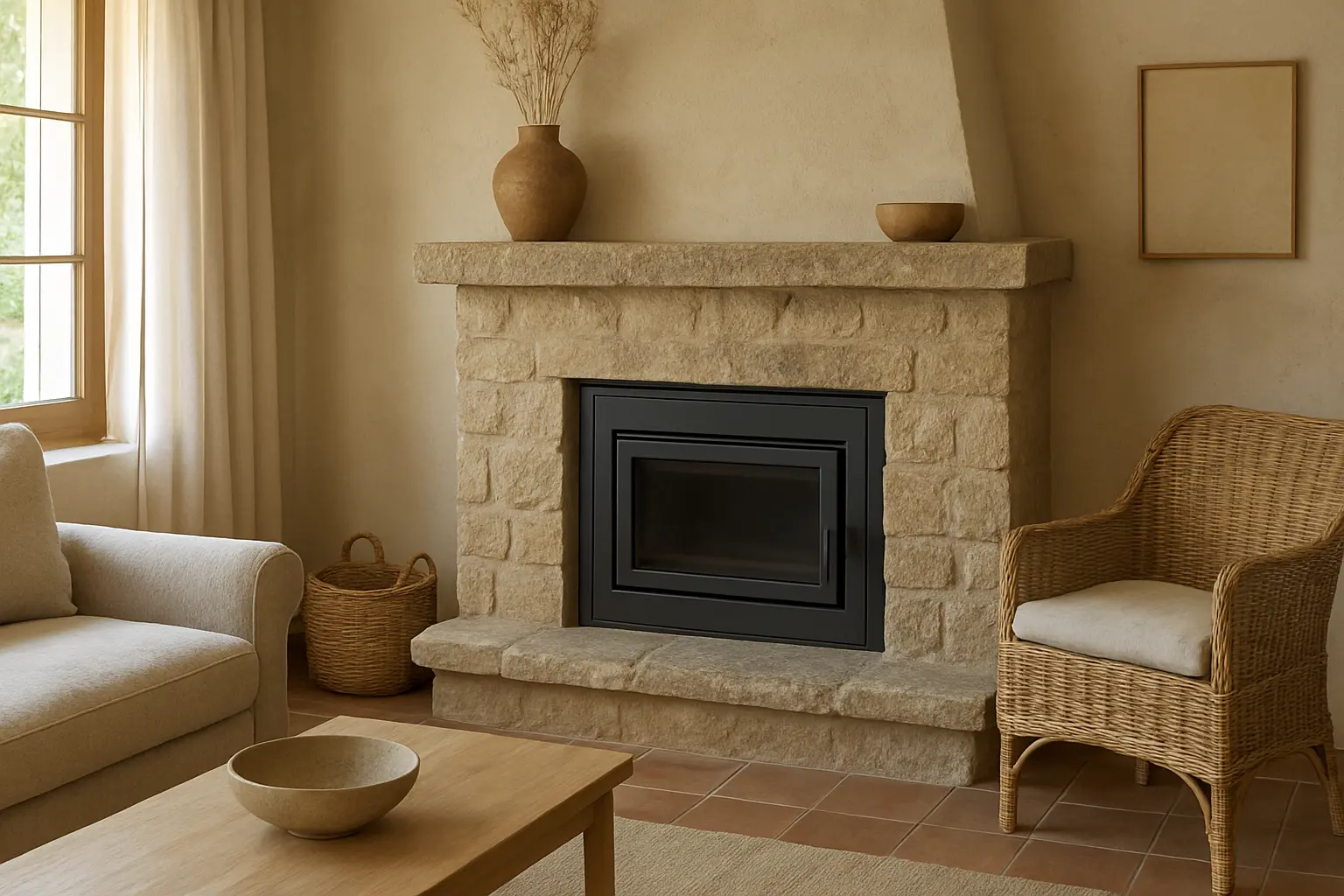 Salón de casa con una chimenea de obra y un cassette de leña cerrado instalado en el hueco.