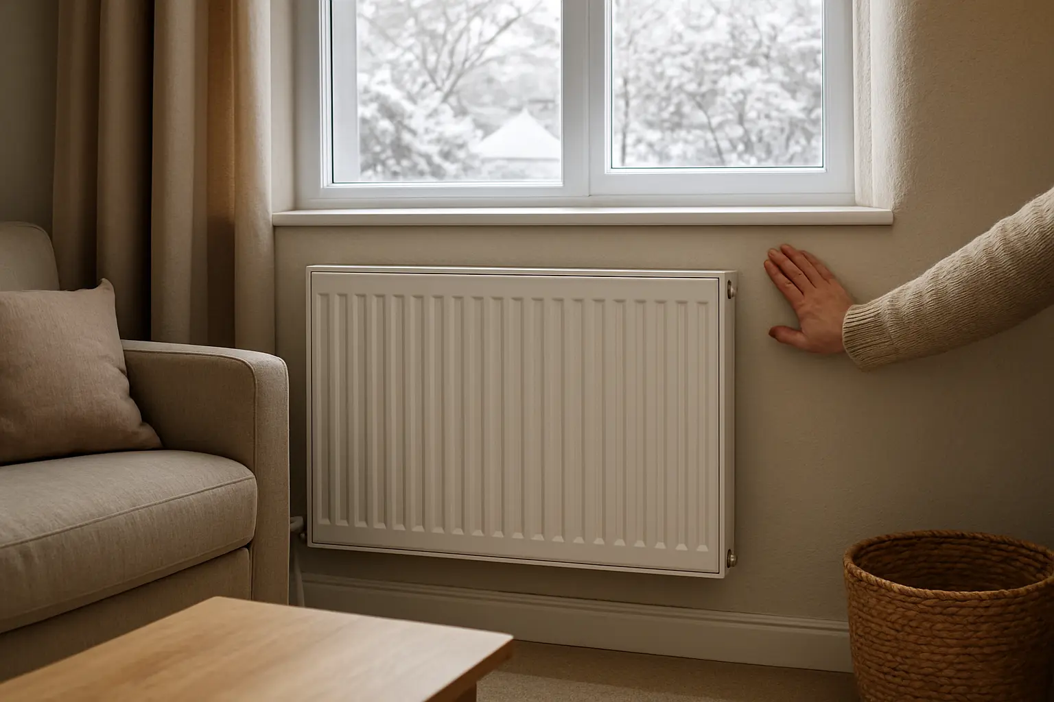 Un radiador de pared junto a una pared interior de una vivienda, con una mano comprobando la superficie detrás