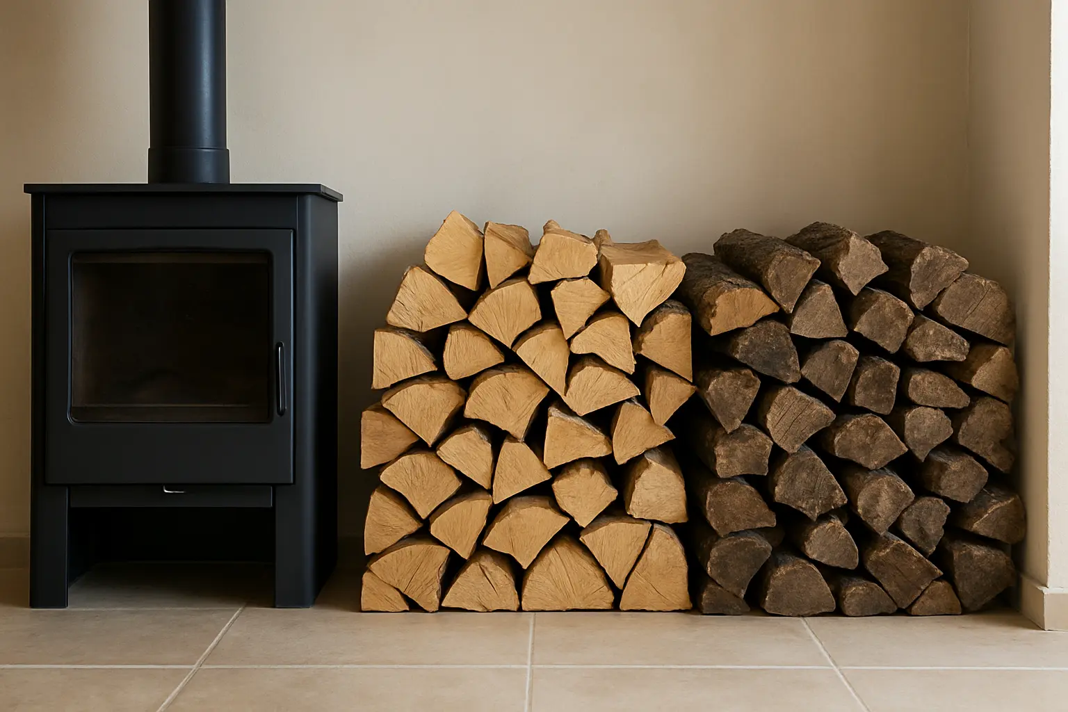 Dos pilas de leña apiladas en un salón, una más seca y otra más oscura, junto a una chimenea cerrada.