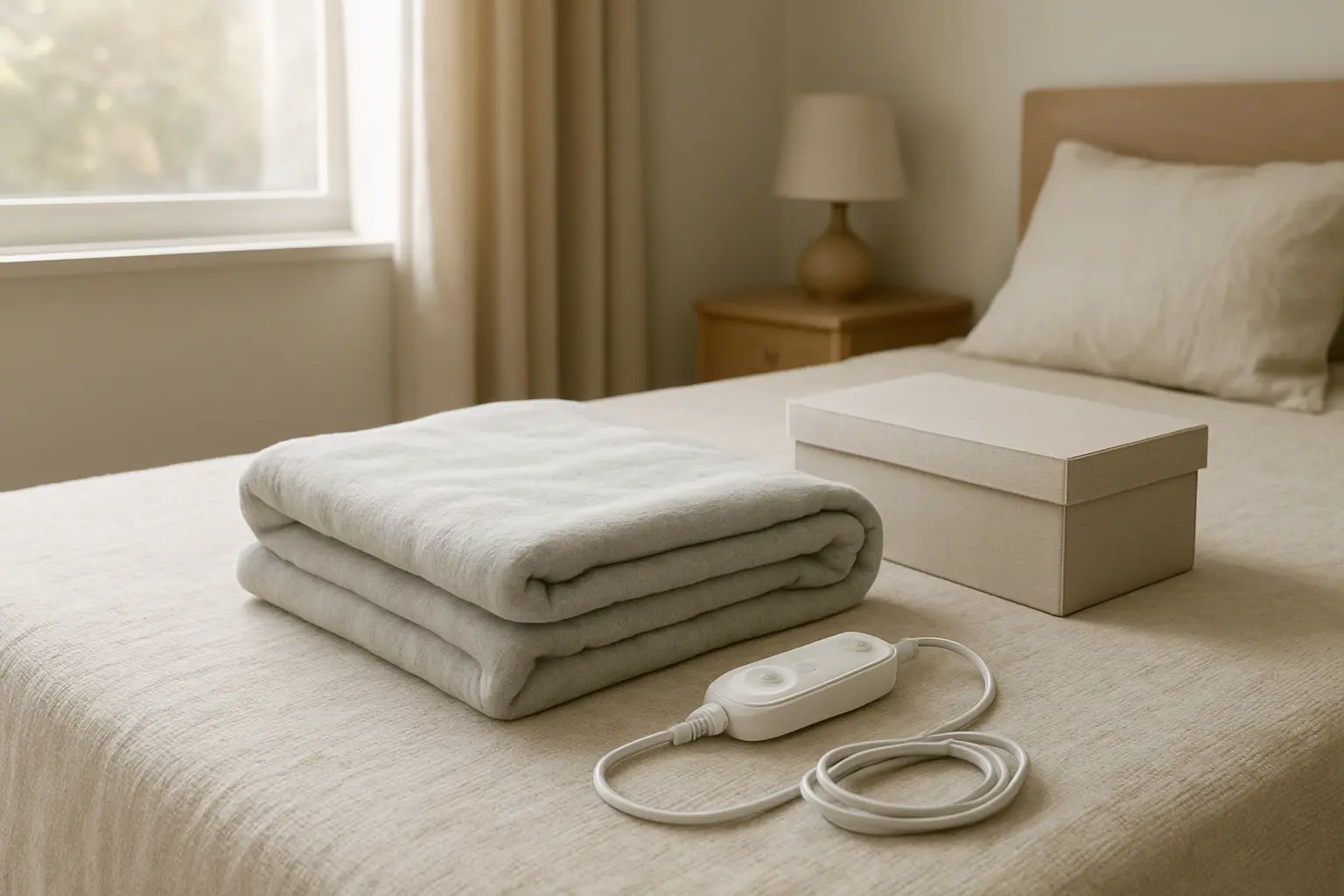 Una manta eléctrica doblada sobre una cama, junto a una caja de almacenaje y un cable recogido, en un dormitorio luminoso.