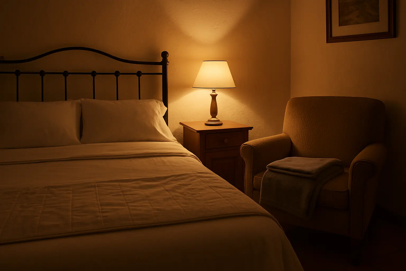 Dormitorio acogedor con una cama hecha, una manta doblada sobre un sillón y luz cálida de noche.
