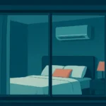Habitación de noche vista desde el exterior con un aire acondicionado encendido en ambiente de descanso