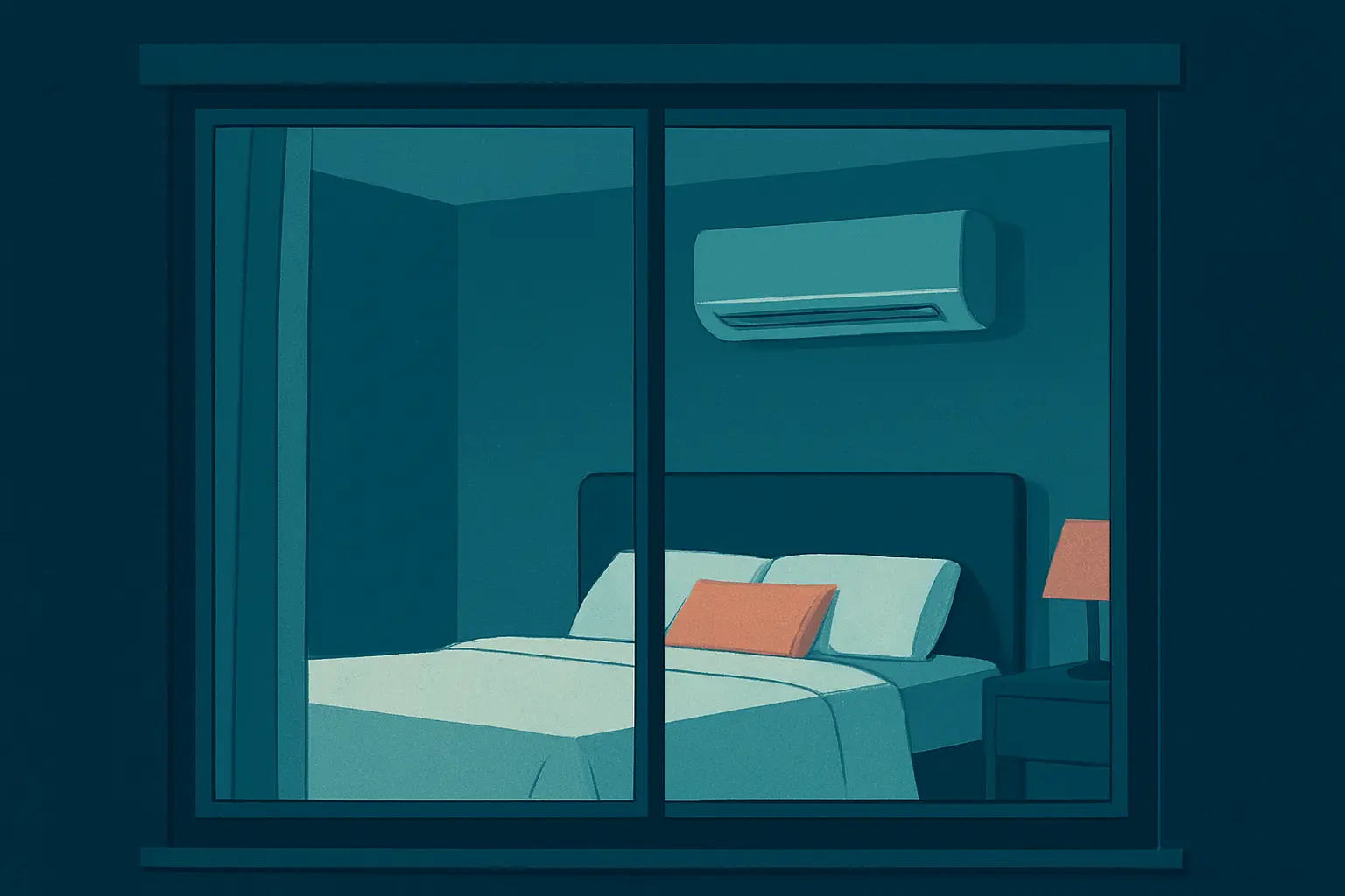 Habitación de noche vista desde el exterior con un aire acondicionado encendido en ambiente de descanso