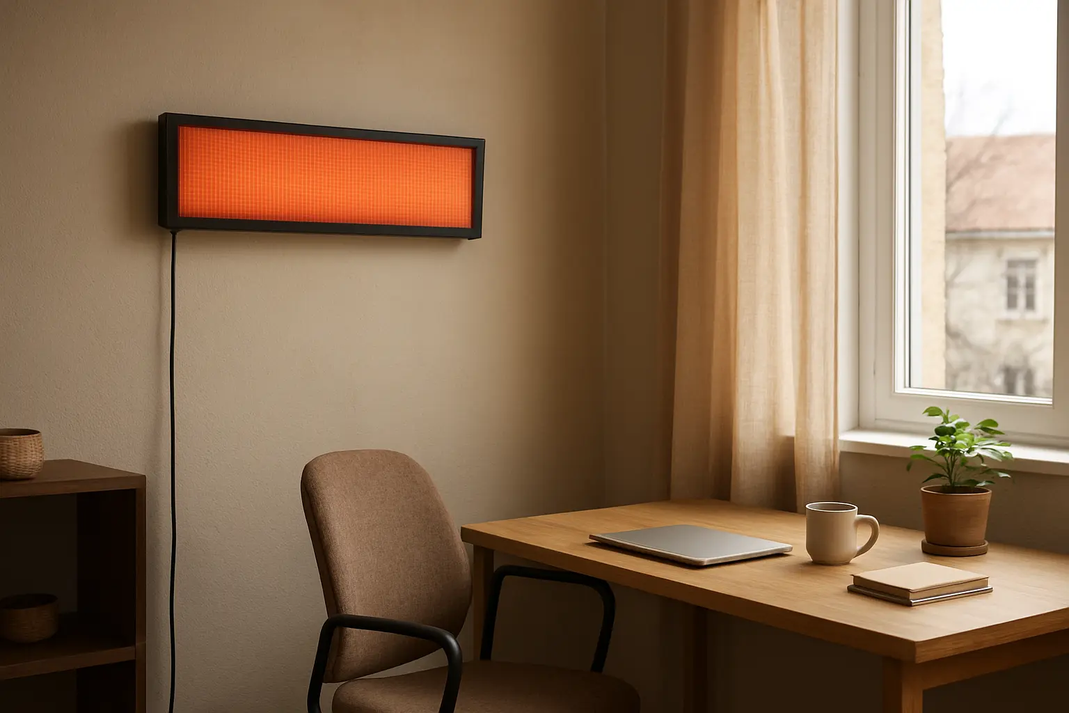 Despacho doméstico con un panel infrarrojo orientado hacia una mesa de trabajo y una silla.