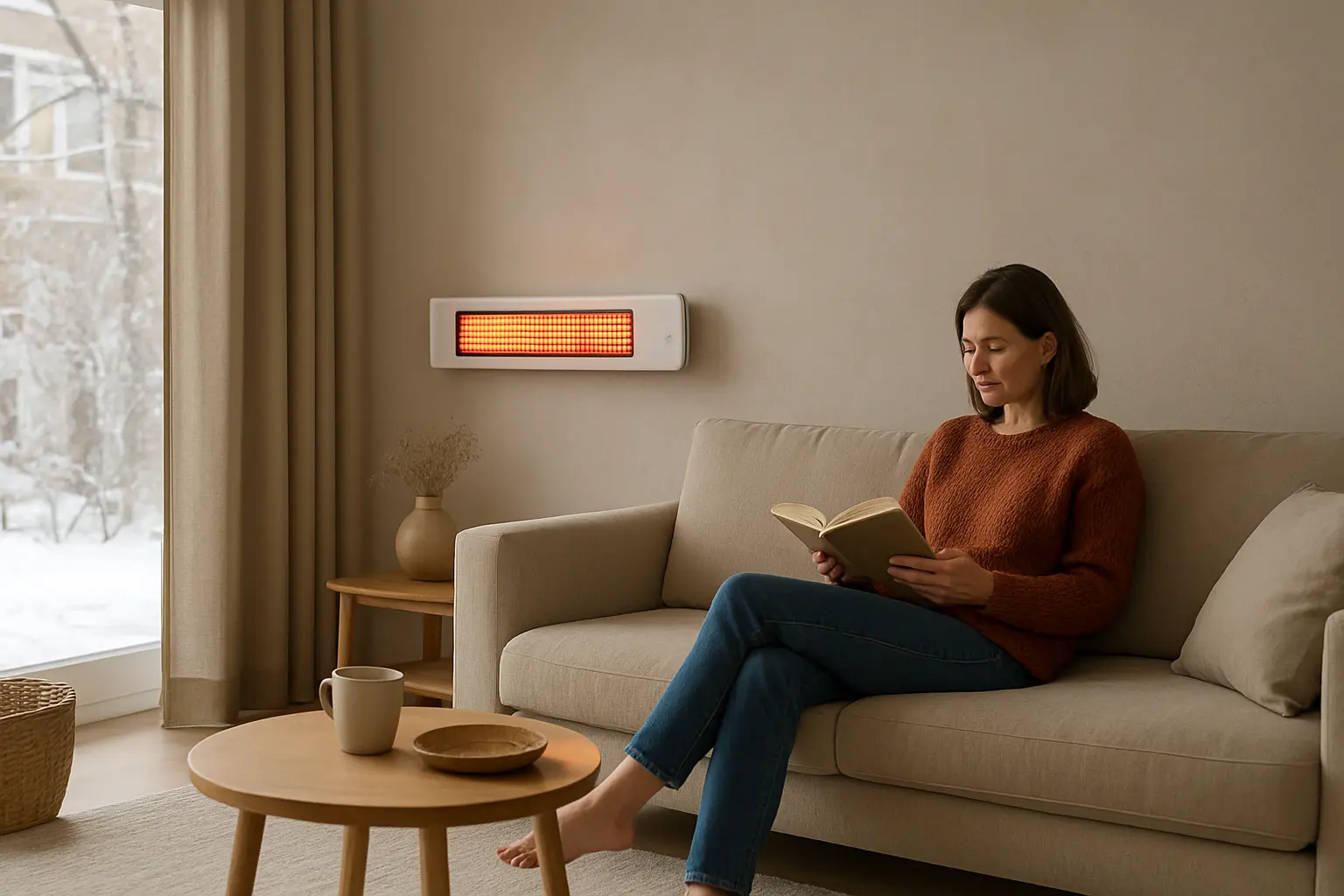 Salón doméstico con un panel infrarrojo de pared junto a una zona de sofá y una persona leyendo.