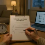 Mesa de salón con un cuaderno, un termohigrómetro y un plano de la casa junto a las manos de una persona revisando notas