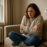 Una persona sentada en un sofá de un salón doméstico junto a una ventana y un radiador, con aspecto de notar frío