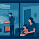 Escena doméstica con un aire acondicionado en el salón, la cocina encendida y varios electrodomésticos funcionando a la vez.