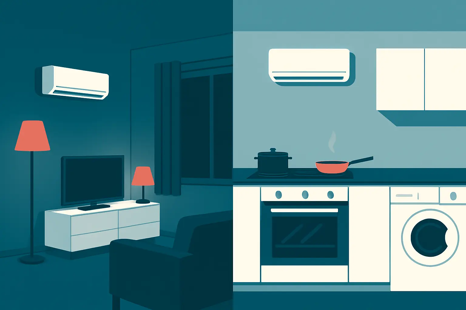Ilustración de una misma vivienda con pocos aparatos encendidos en un lado y con más electrodomésticos a la vez en el otro.