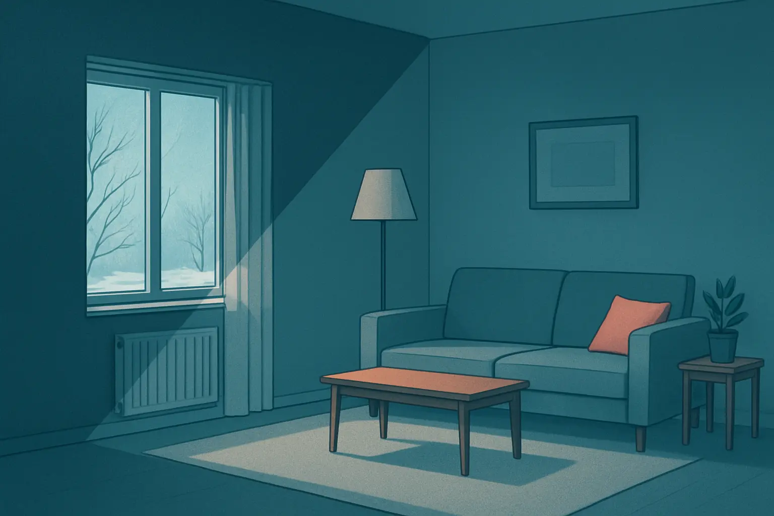 Ilustración de una casa con una esquina fría junto a una ventana y otra zona interior más templada.