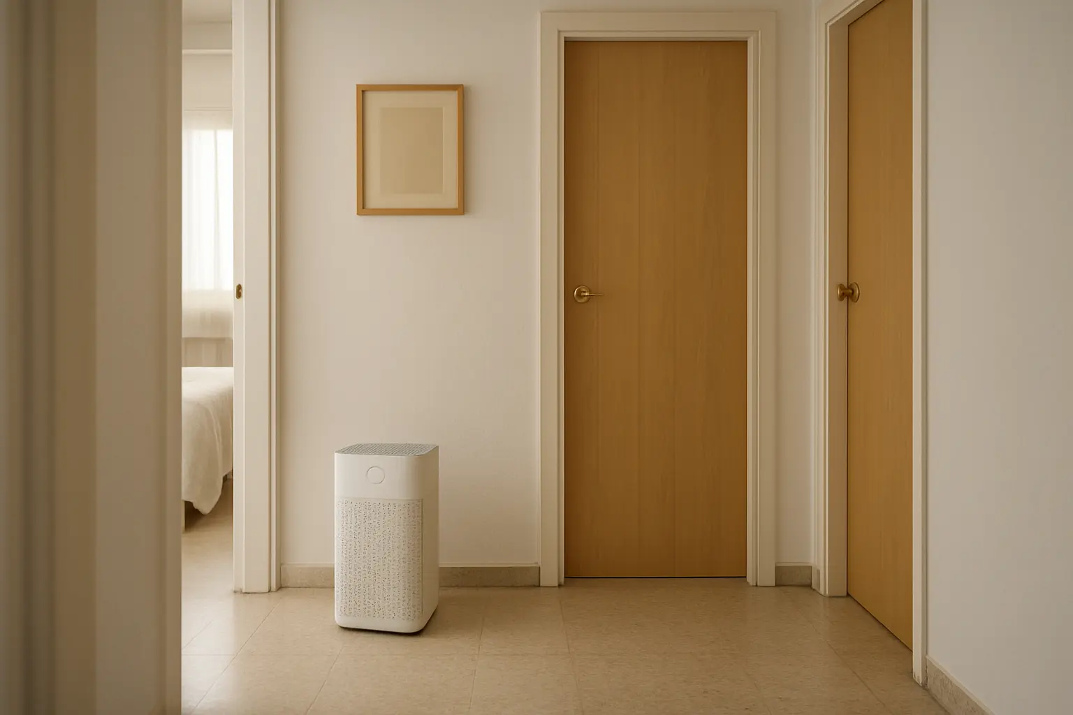 Pasillo de una vivienda con dos puertas de dormitorio y un purificador compacto en el suelo