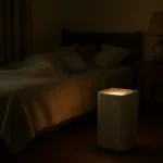 Un purificador de aire encendido junto a una cama en un dormitorio de noche, con luz tenue y la habitación en calma