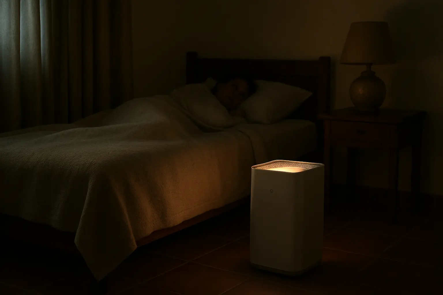 Un purificador de aire encendido junto a una cama en un dormitorio de noche, con luz tenue y la habitación en calma