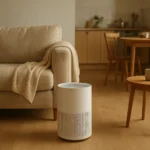 Un purificador de aire en un salón doméstico junto a un sofá y una mesa auxiliar, con luz natural y ambiente cotidiano.