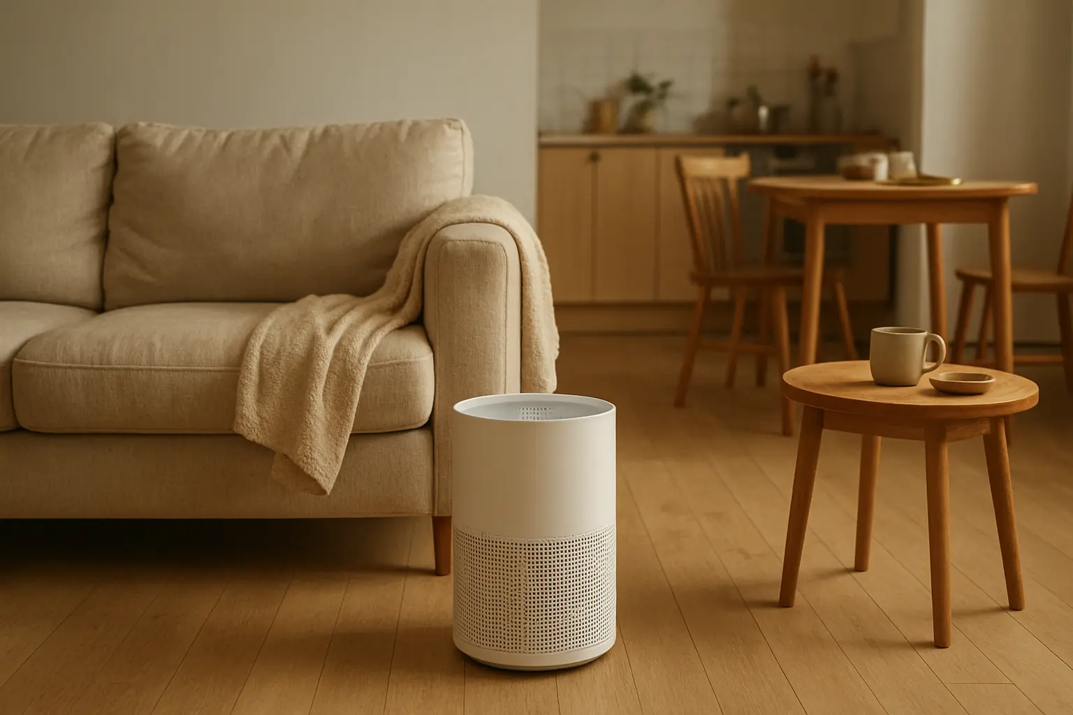 Un purificador de aire en un salón doméstico junto a un sofá y una mesa auxiliar, con luz natural y ambiente cotidiano.