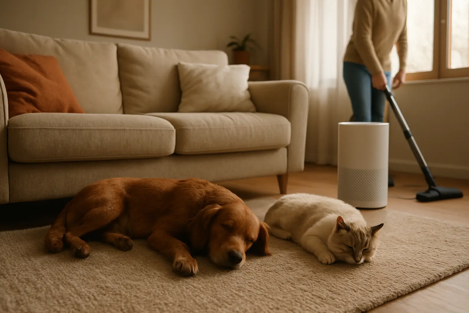 Un salón doméstico con un perro y un gato, un purificador junto al sofá y una persona aspirando una alfombra