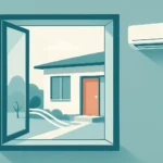 Vista exterior de una vivienda con una ventana abierta y un aire acondicionado de pared en el interior, en una escena sobria y minimalista.