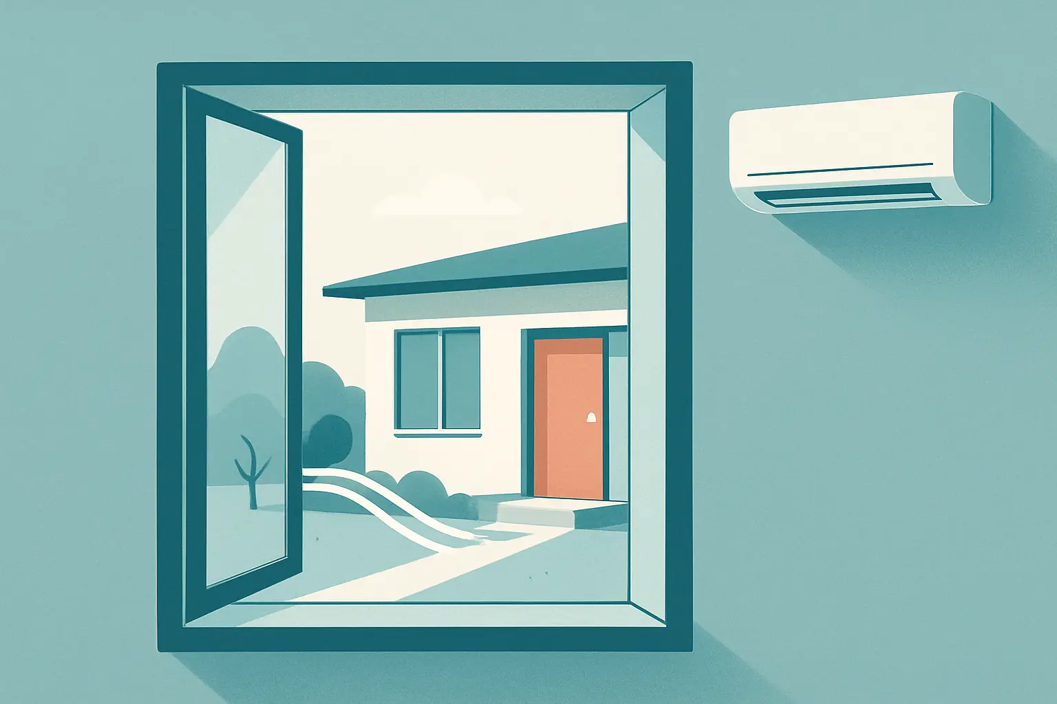 Vista exterior de una vivienda con una ventana abierta y un aire acondicionado de pared en el interior, en una escena sobria y minimalista.