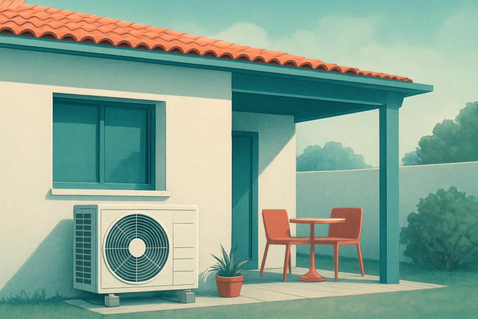 Exterior de una vivienda en verano con una unidad exterior de aire acondicionado y ambiente tranquilo