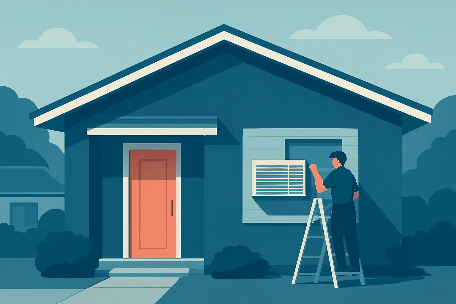 Fachada de una vivienda con una zona visible de una instalación de aire acondicionado por conductos