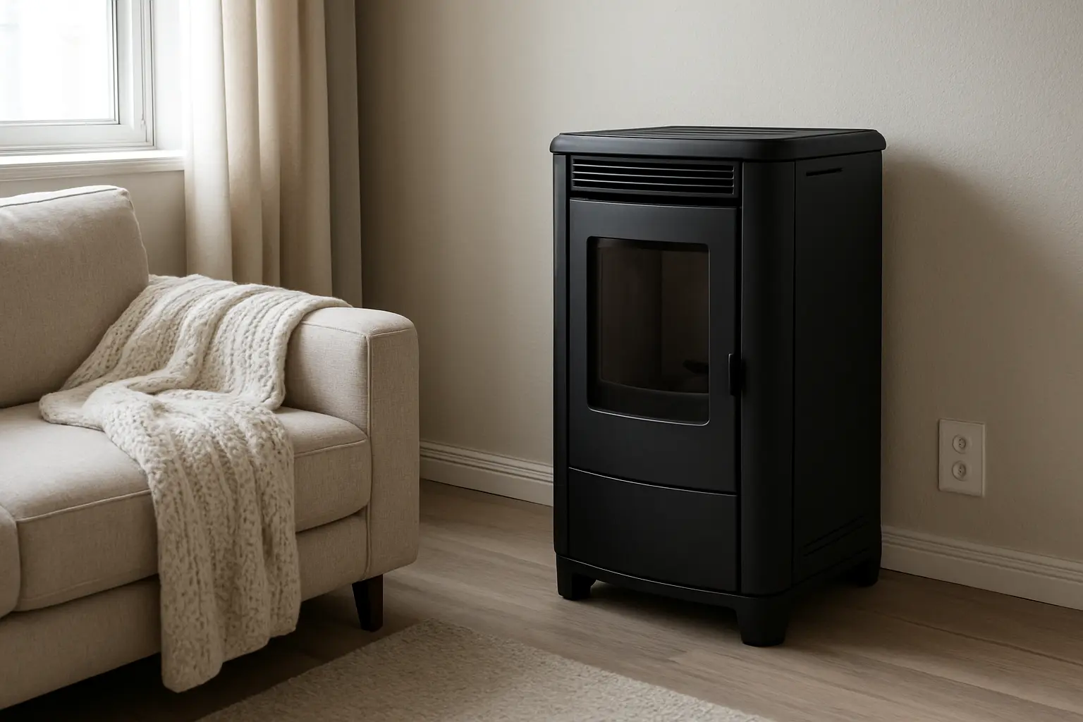 Salón doméstico con una estufa de pellets apagada junto a una ventana y un sofá
