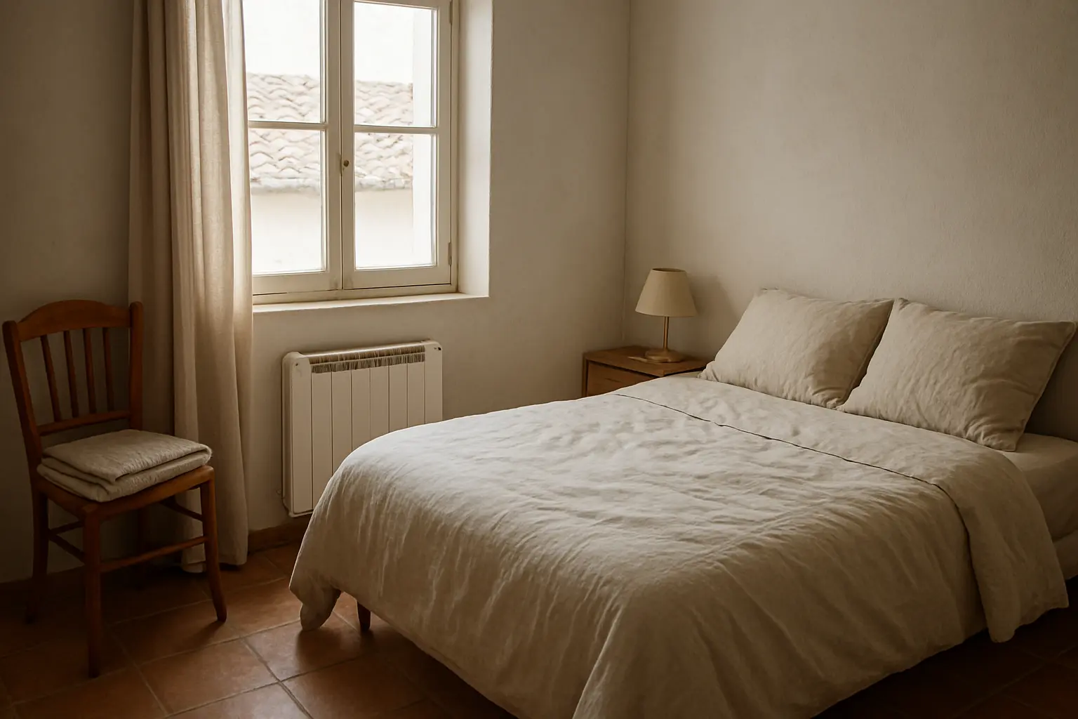 Dormitorio de invitados con una cama, un radiador eléctrico junto a la pared y una manta doblada sobre una silla.