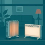 Dos calefactores eléctricos junto a una ventana de una vivienda, uno tipo radiador de aceite y otro tipo emisor seco, en una escena doméstica comparativa.