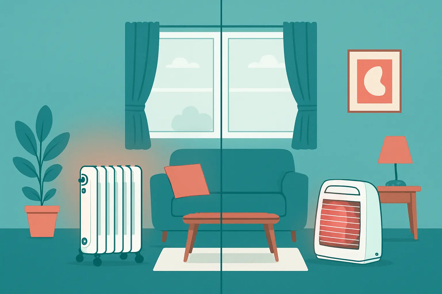 Salón doméstico dividido en dos zonas visuales, con un radiador de aceite a un lado y un emisor seco al otro.