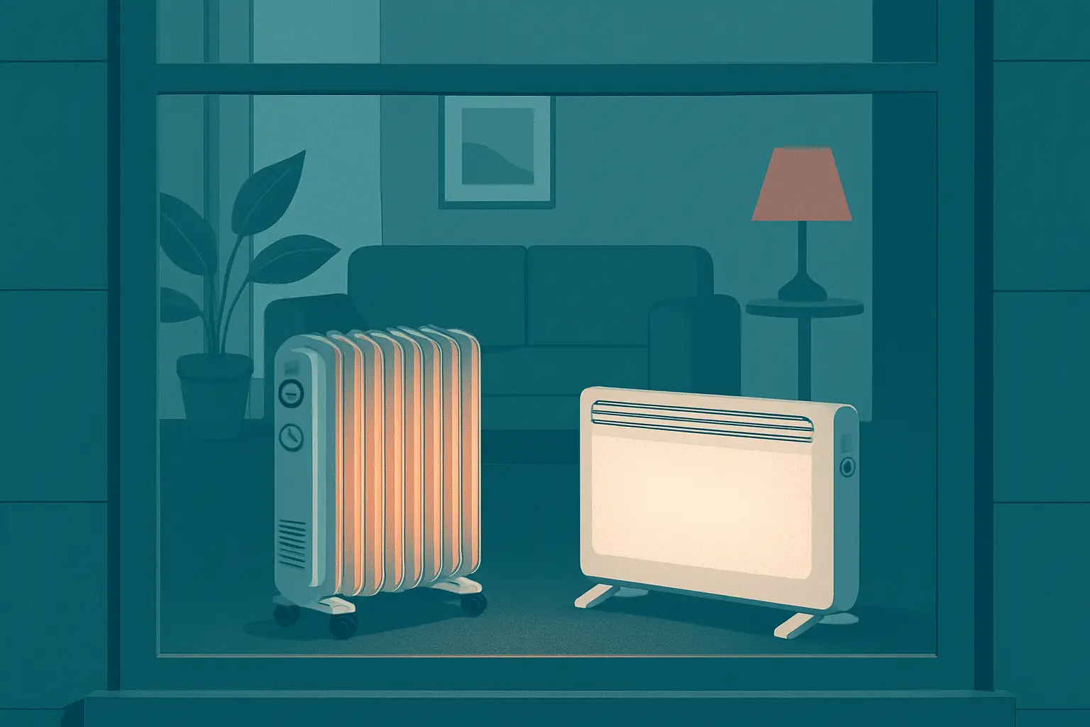 Dos calefactores eléctricos junto a una ventana de una vivienda, uno tipo radiador de aceite y otro tipo emisor seco, en una escena doméstica comparativa.