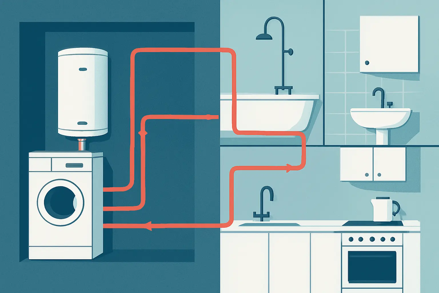 Ilustración de un cuarto técnico doméstico con tuberías de agua caliente que recorren la vivienda hacia cocina y baño.