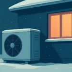 Exterior de una vivienda con una unidad de aerotermia junto a la fachada en un entorno invernal, con luz cálida en una ventana cercana.