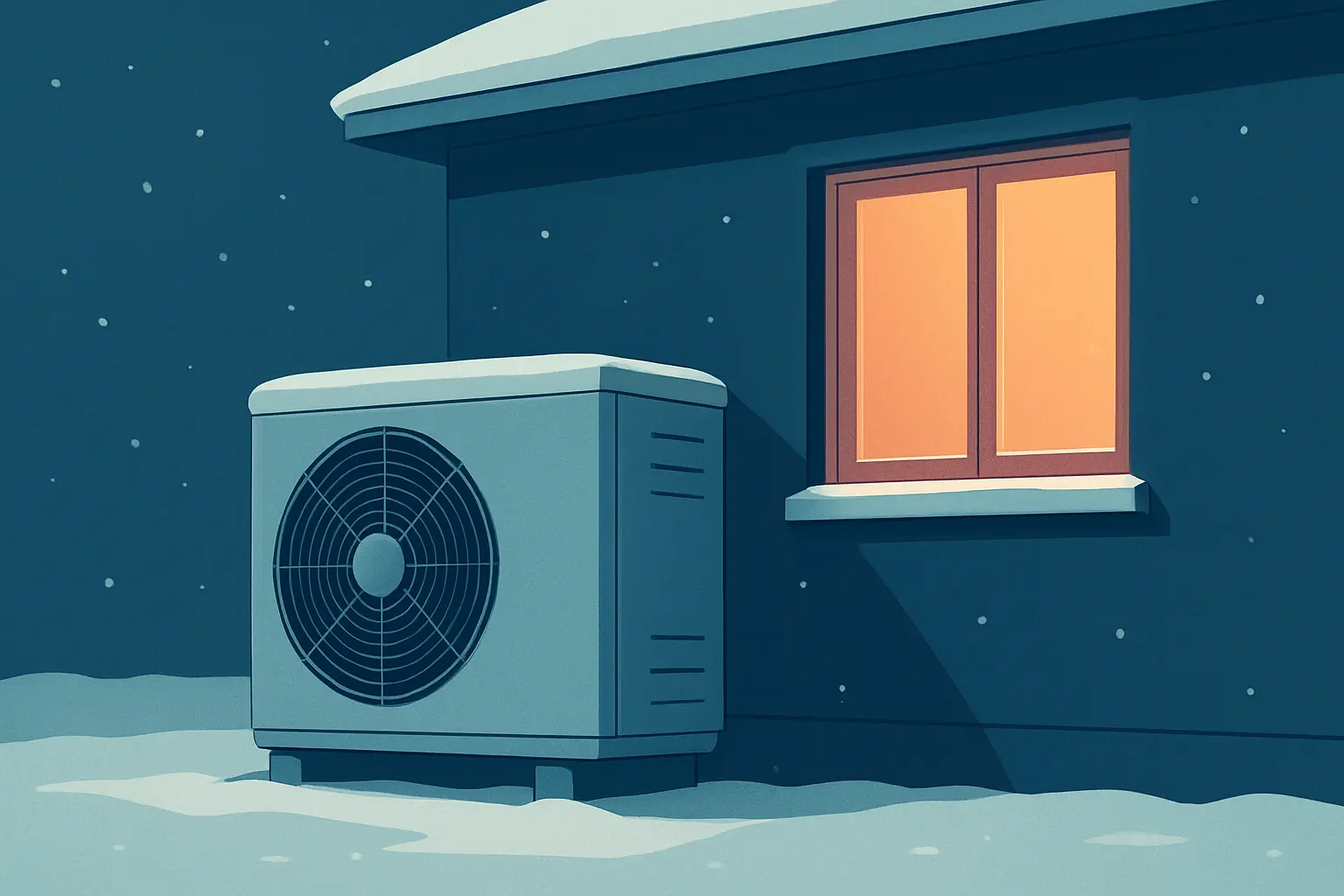 Exterior de una vivienda con una unidad de aerotermia junto a la fachada en un entorno invernal, con luz cálida en una ventana cercana.