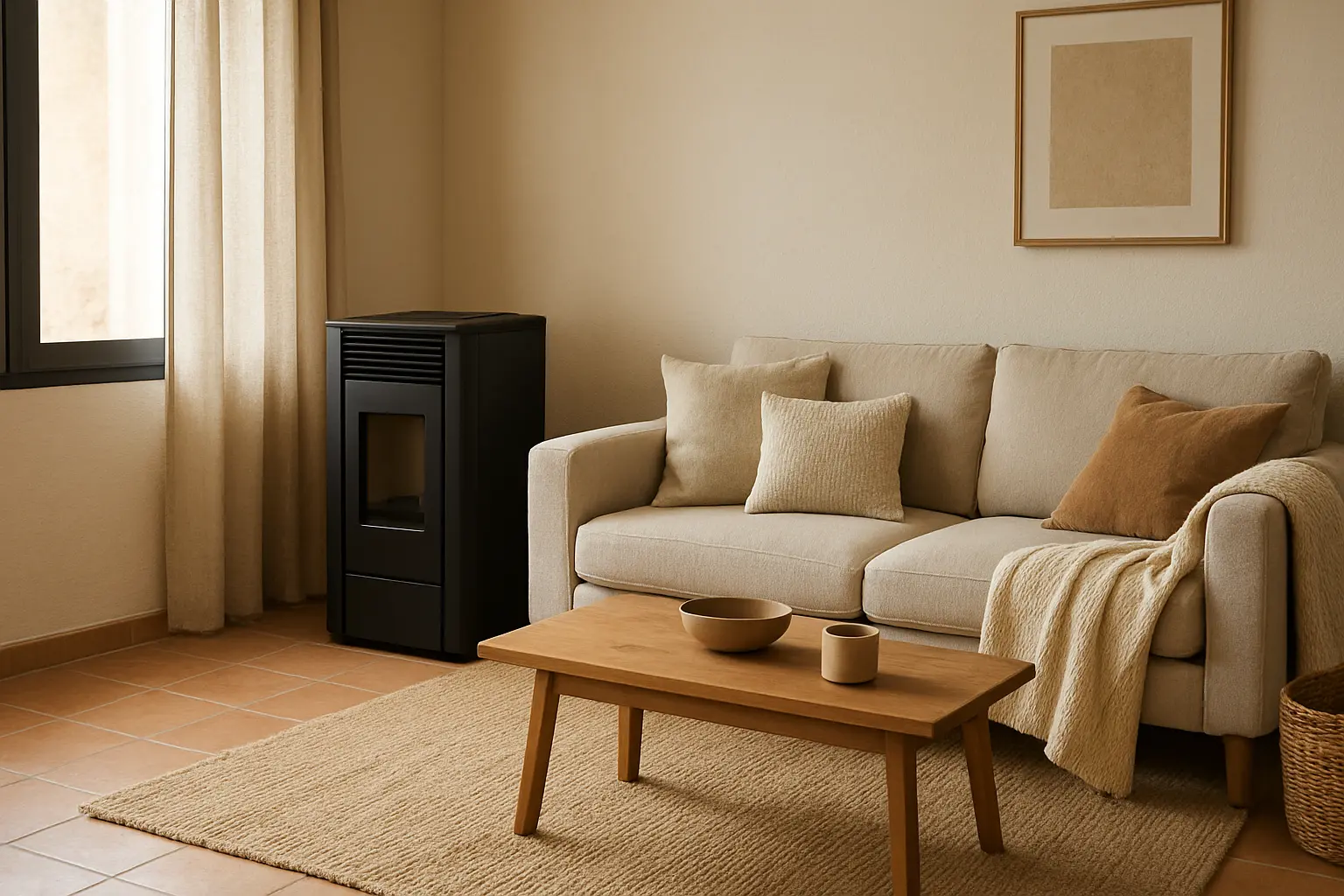 Salón doméstico con una estufa de pellets junto a un sofá y una mesa baja, iluminado por luz natural.