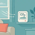 Un salón doméstico con un medidor de CO2 sobre una estantería y una ventana entreabierta.