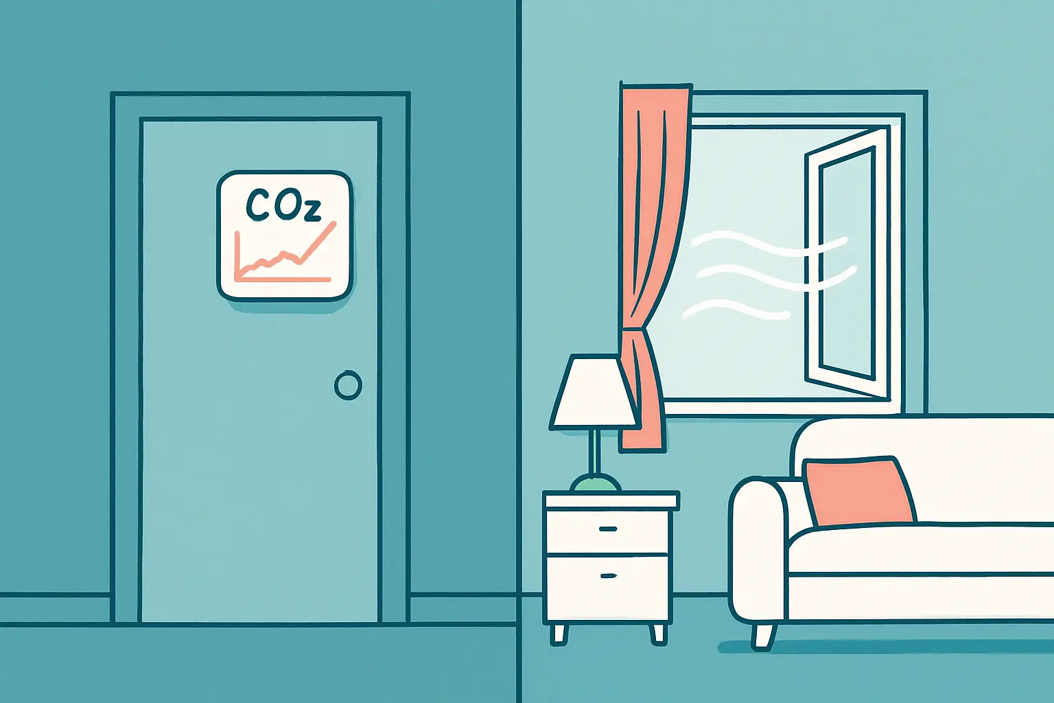 Comparación visual entre una habitación cerrada y otra con ventana abierta junto a un sensor de CO2.