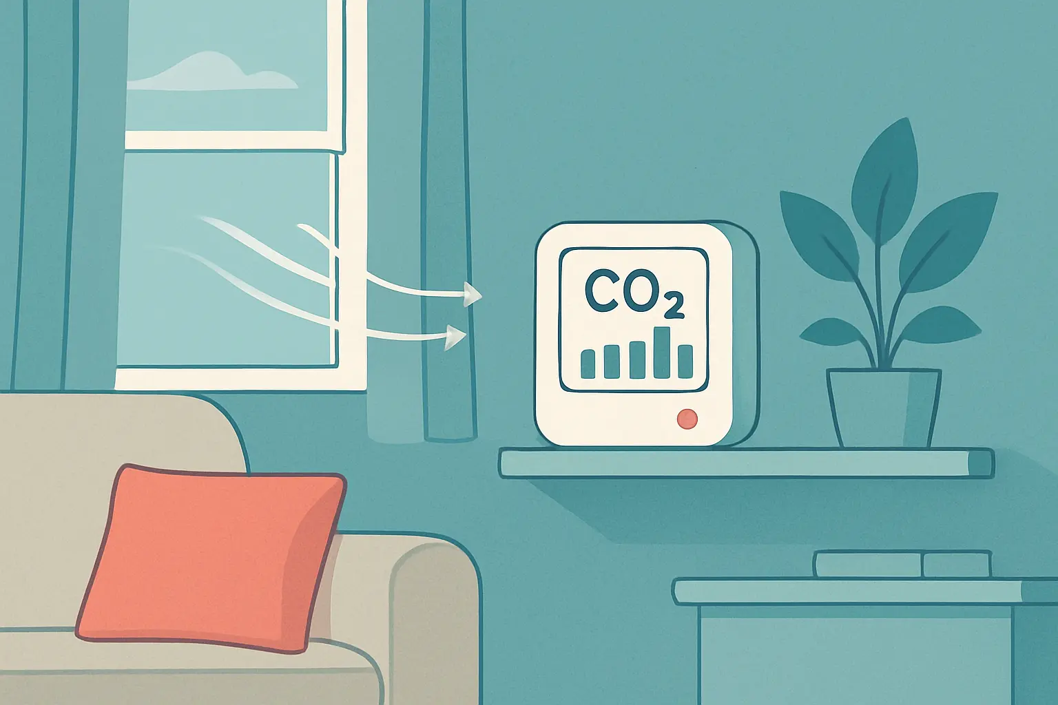 Un salón doméstico con un medidor de CO2 sobre una estantería y una ventana entreabierta.