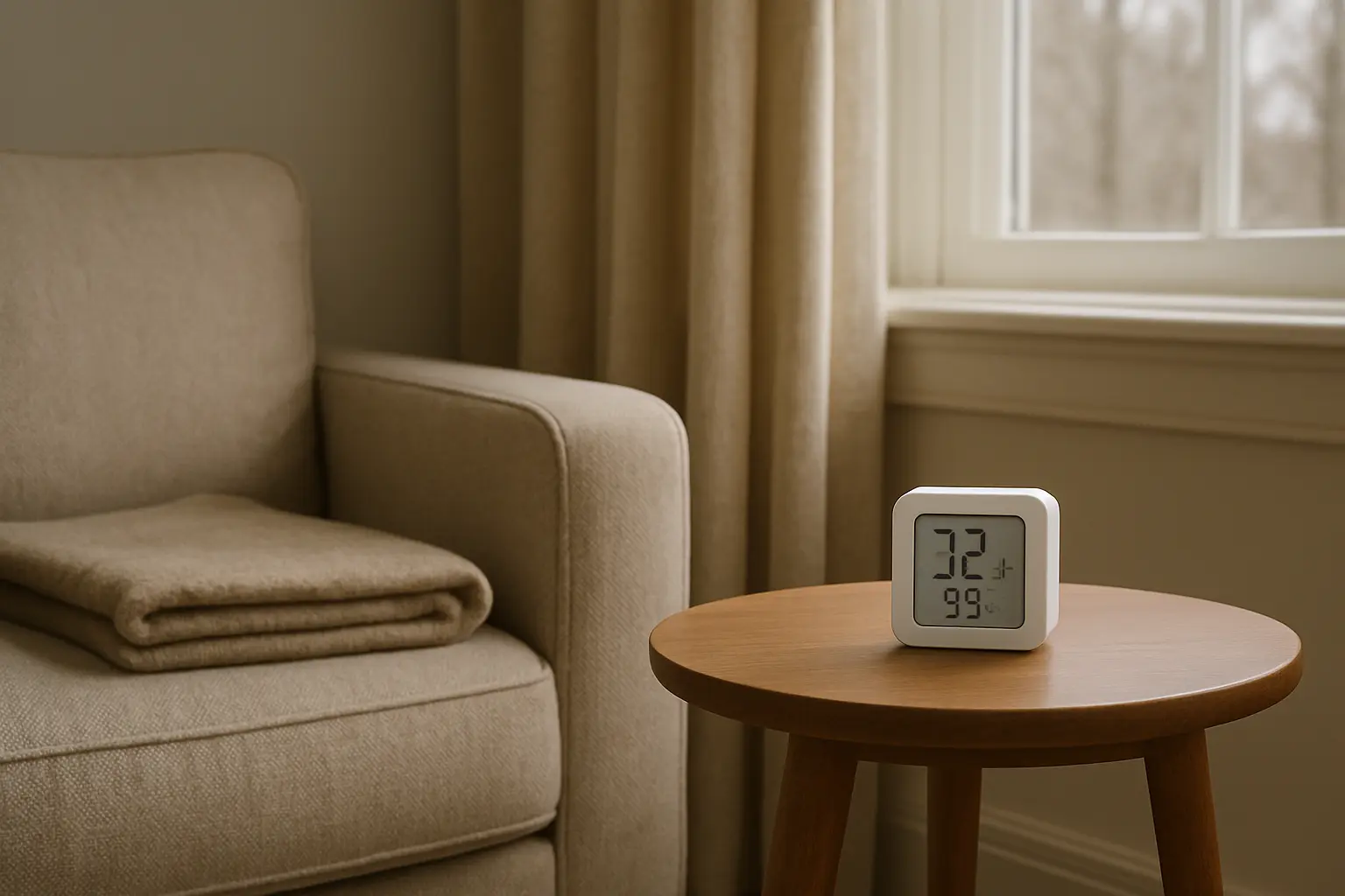 Salón de una segunda vivienda con un pequeño sensor de temperatura y humedad sobre una mesa junto a la ventana.