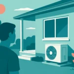 Escena exterior de una vivienda con una unidad exterior de climatización al fondo y una persona observando la casa