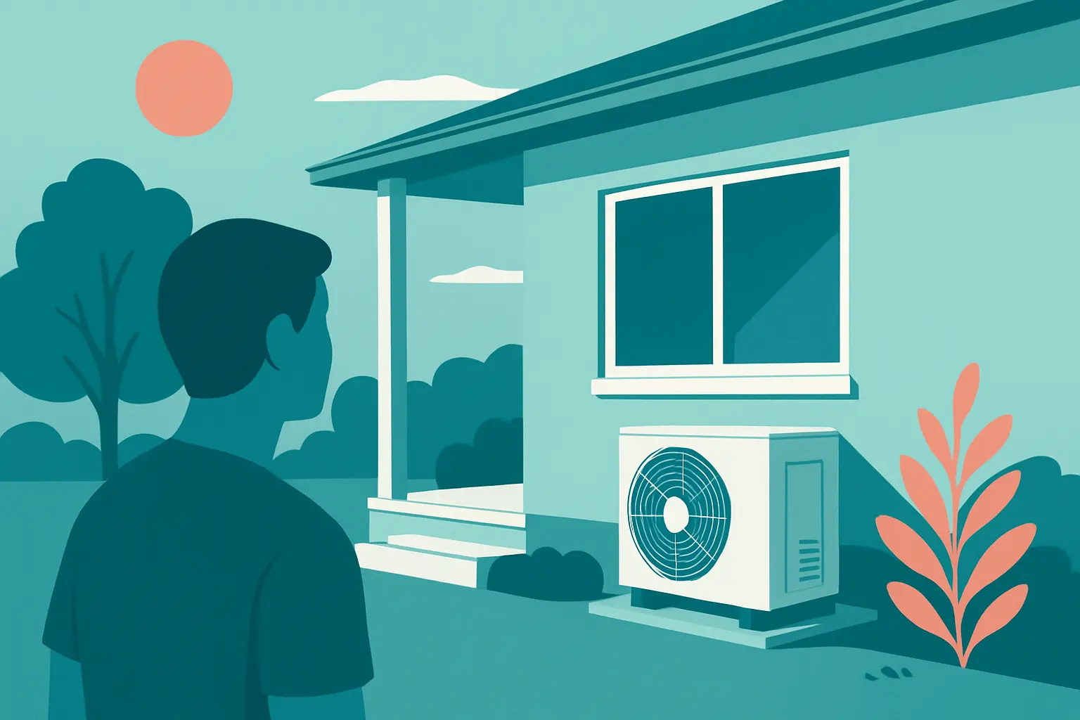 Escena exterior de una vivienda con una unidad exterior de climatización al fondo y una persona observando la casa