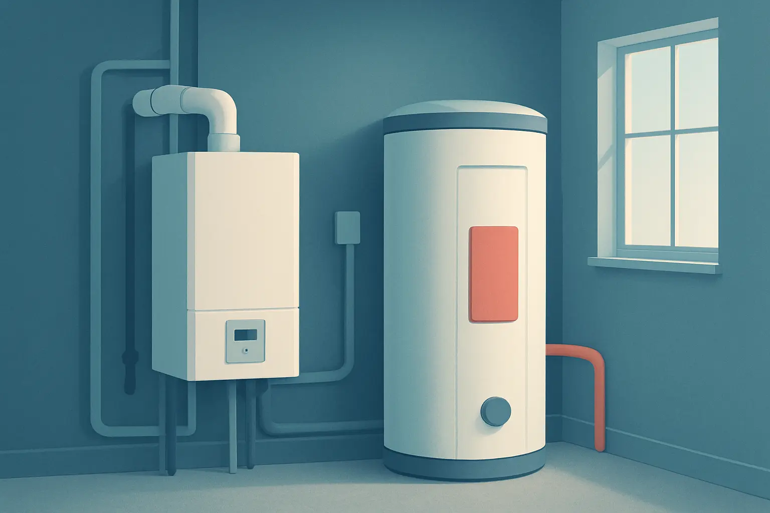 Habitación de instalaciones doméstica con dos equipos separados para calefacción y agua caliente