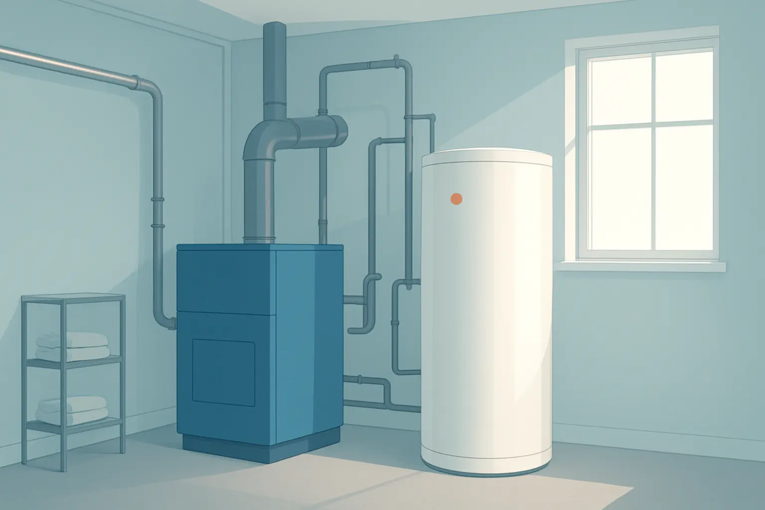 Cuarto de instalaciones doméstico con un termo con bomba de calor junto a un sistema de calefacción existente